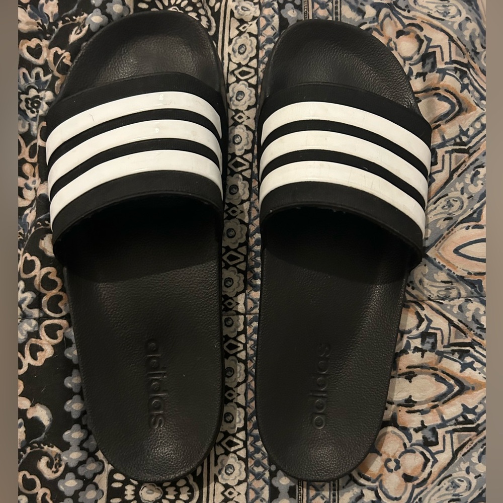 Men’s Adidas slides black with white stripes size 12